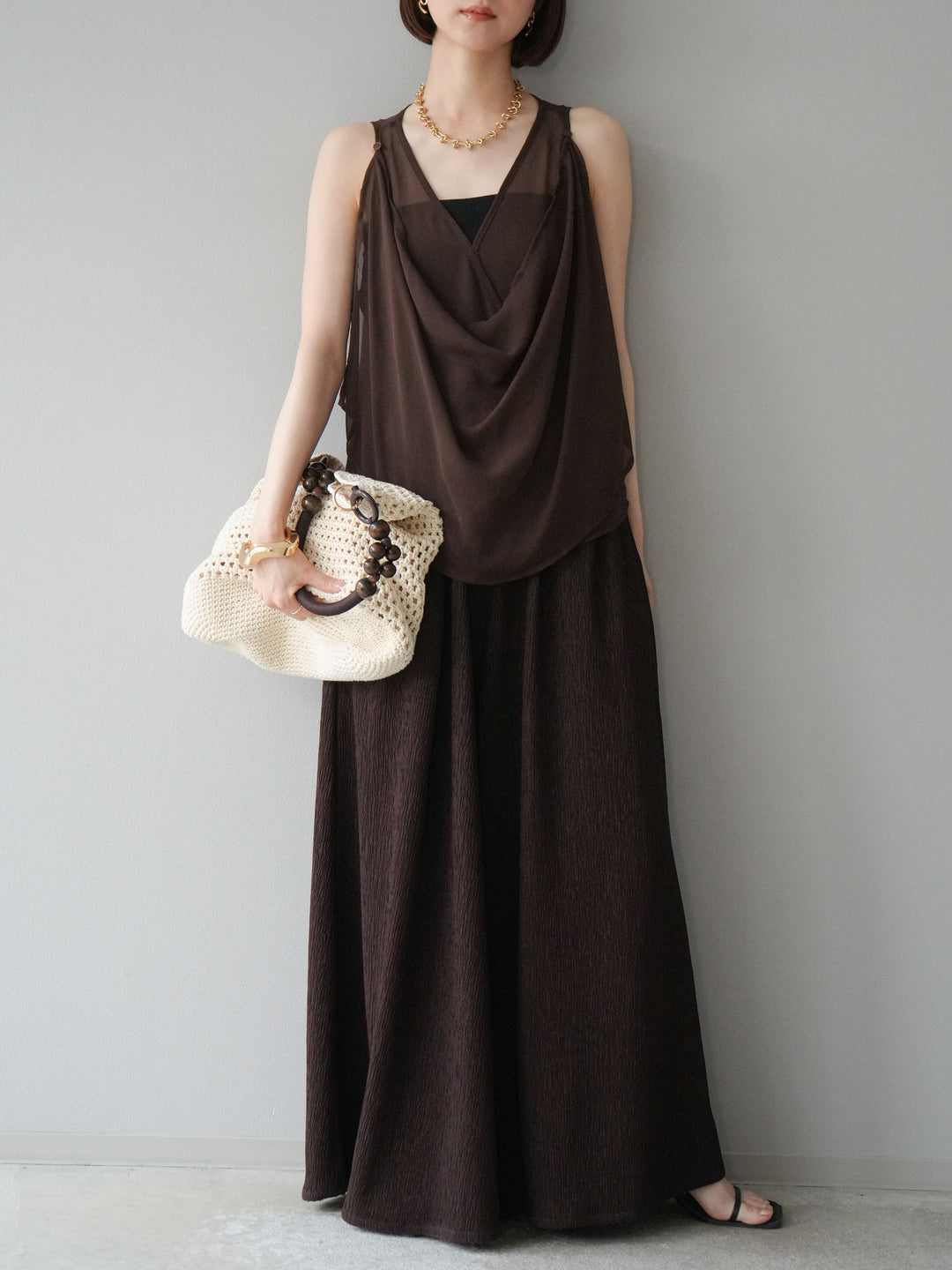 [予約]シアードレープレイヤードノースリーブトップス/ブラウン