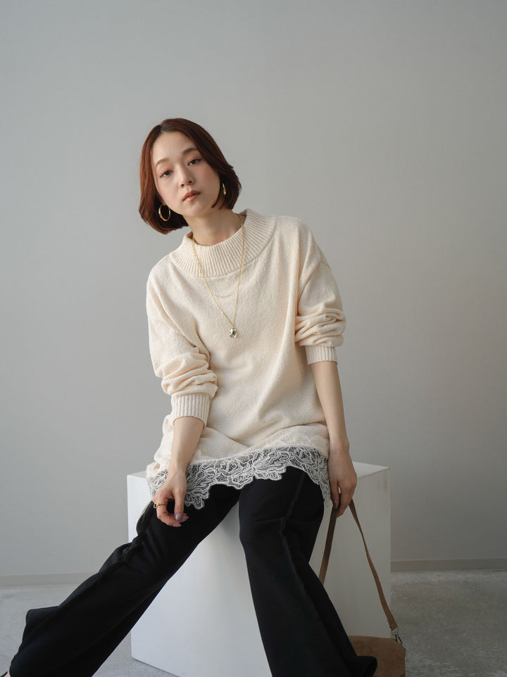 [SET]アシンメトリーレースヘムニットプルオーバー+2WAYデザインスウェットパンツ(2set)