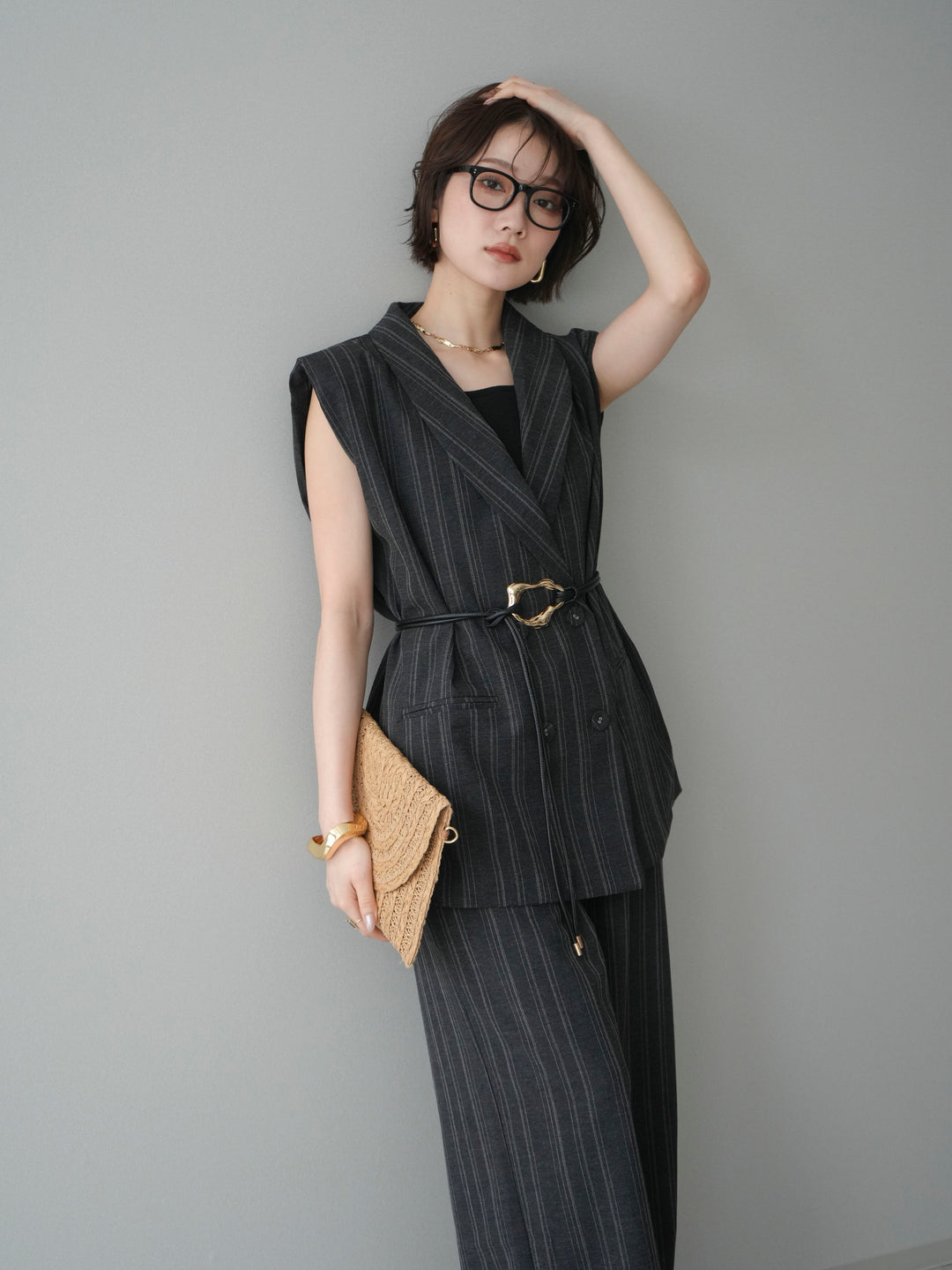 [SET]モチーフベルト付ストライプジレ＆パンツSETUP+選べるアクセセット(2set)