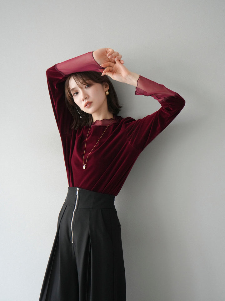 [預購] 薄紗天鵝絨上衣/酒紅色