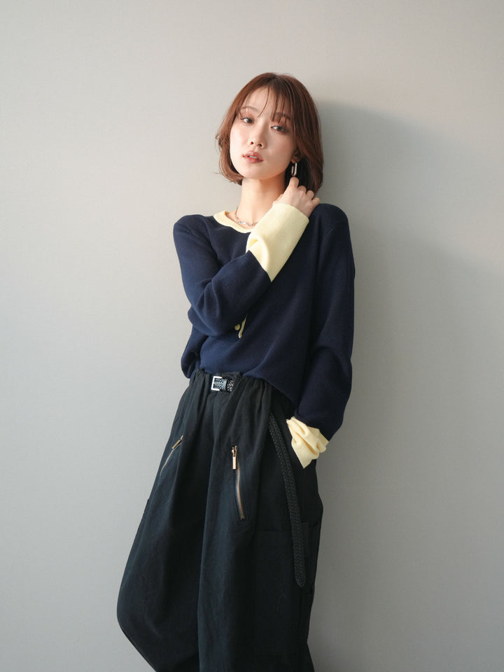 [予約]ヘンリーネック配色ニットソー/navy