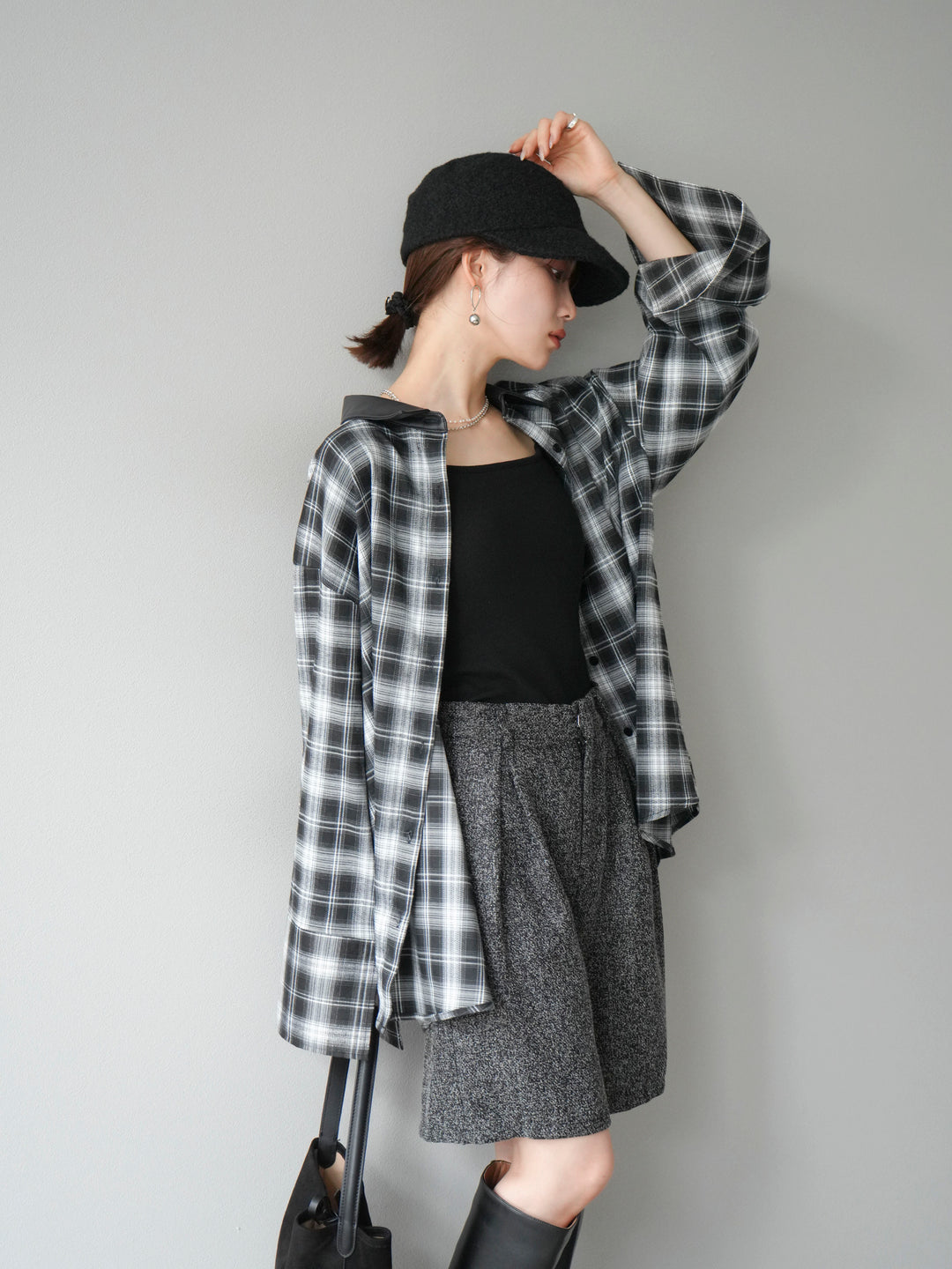 [SET]レザー襟オンブレチェックオーバーシャツ +ツイードハーフパンツ(2set)