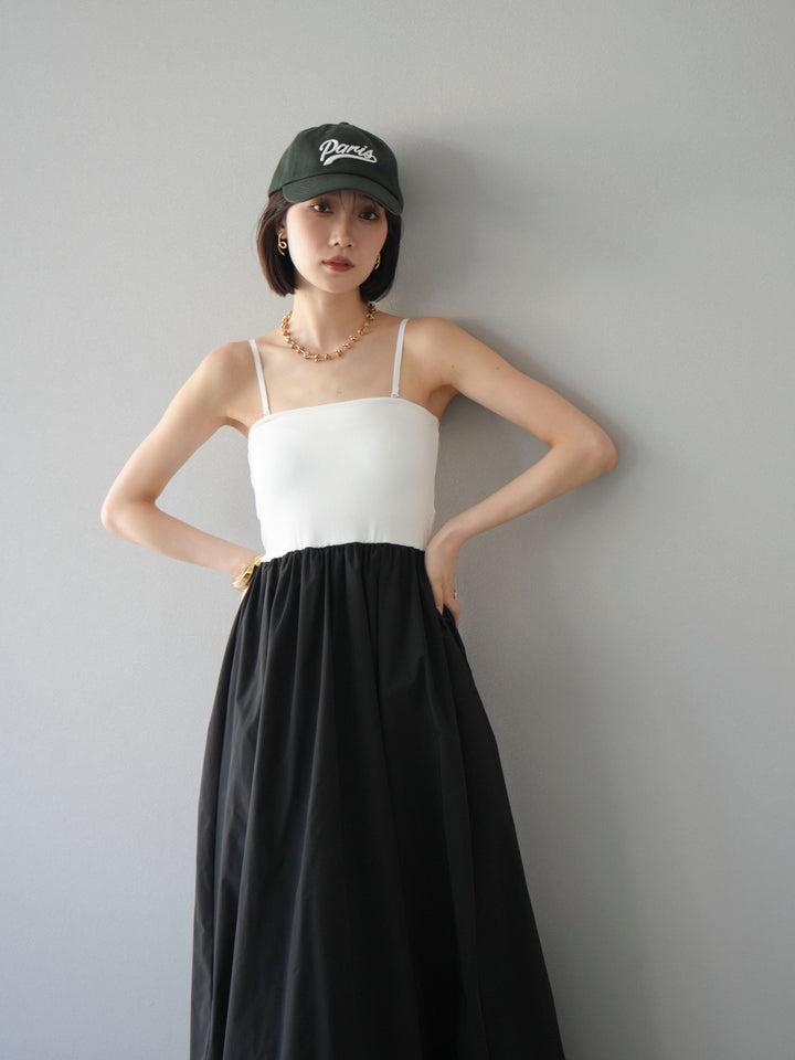 [予約]異素材ドッキングカップ付ベアキャミバルーンワンピース/オフブラック