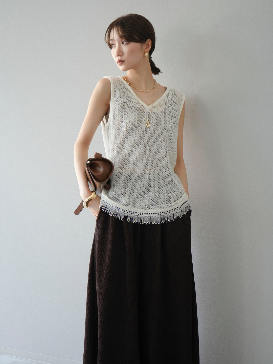 [予約]裾フリンジVネックニットタンクトップアンサンブル/オフ