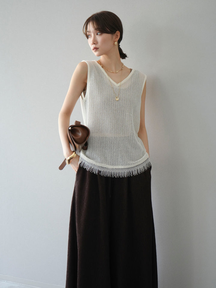 [予約]裾フリンジVネックニットタンクトップアンサンブル/オフ