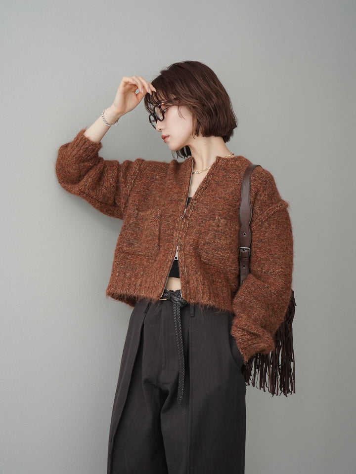 [予約]ミックスヤーンダブルZIPニットカーディガン/brown