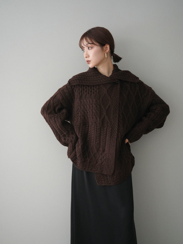 [予約]ケーブル編みデザインニットカーディガン/brown