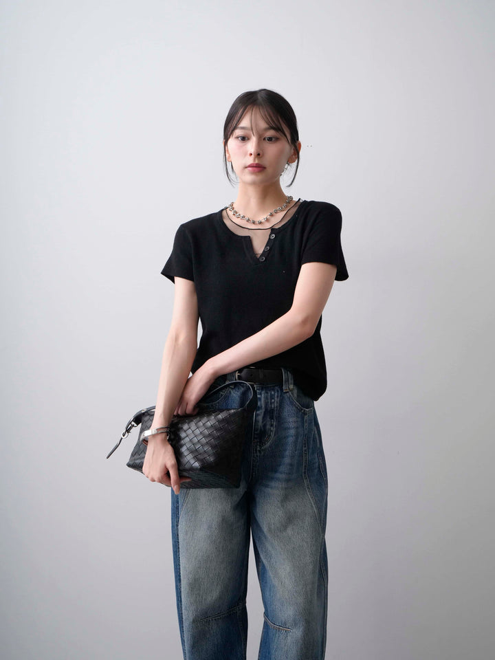 [SET]チュールレーヤードヘンリーフレンチニットトップス+立体カーブデニムパンツ(2set)