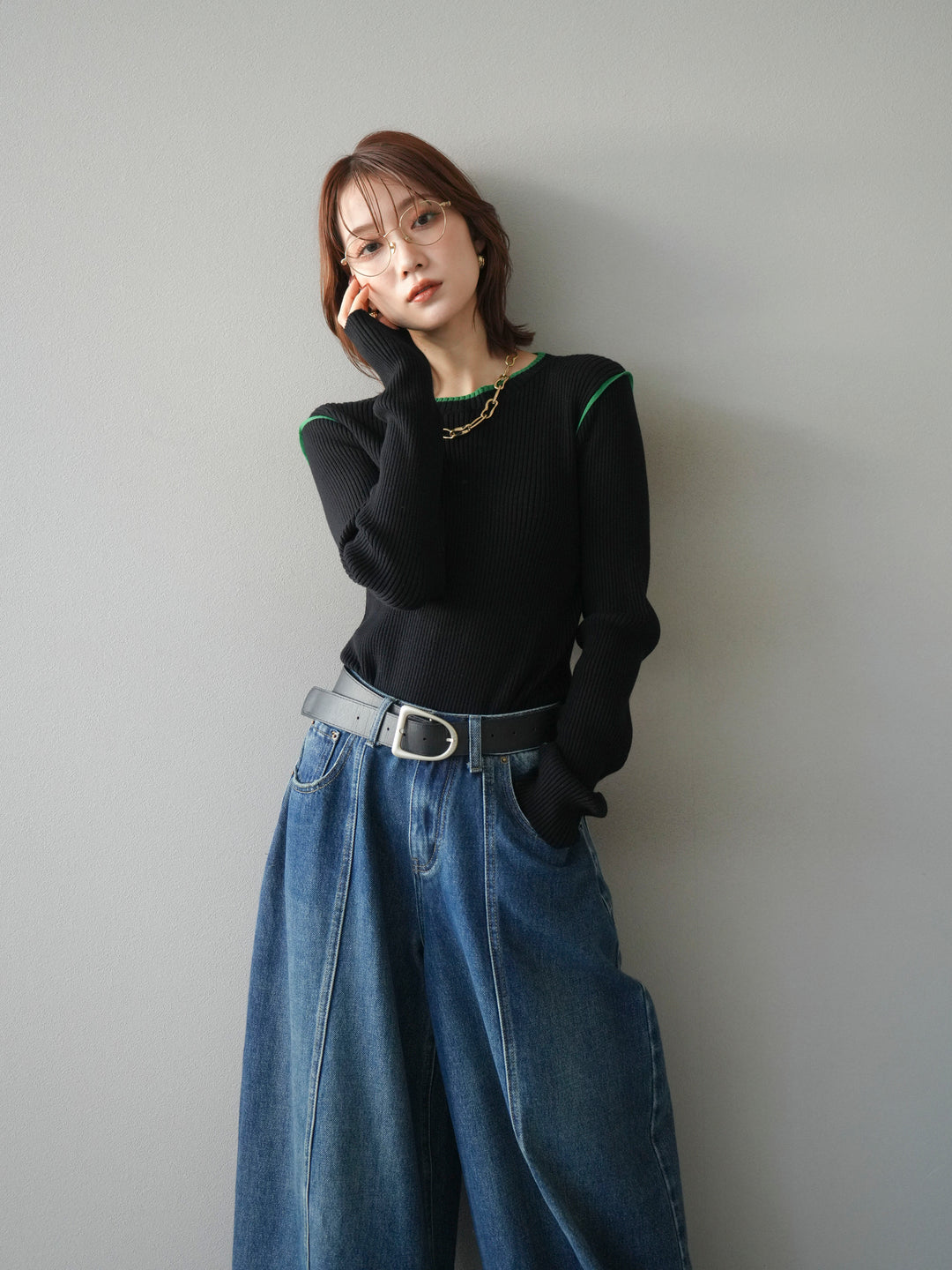 [予約]バイカラークルーネックリブニットトップス/black