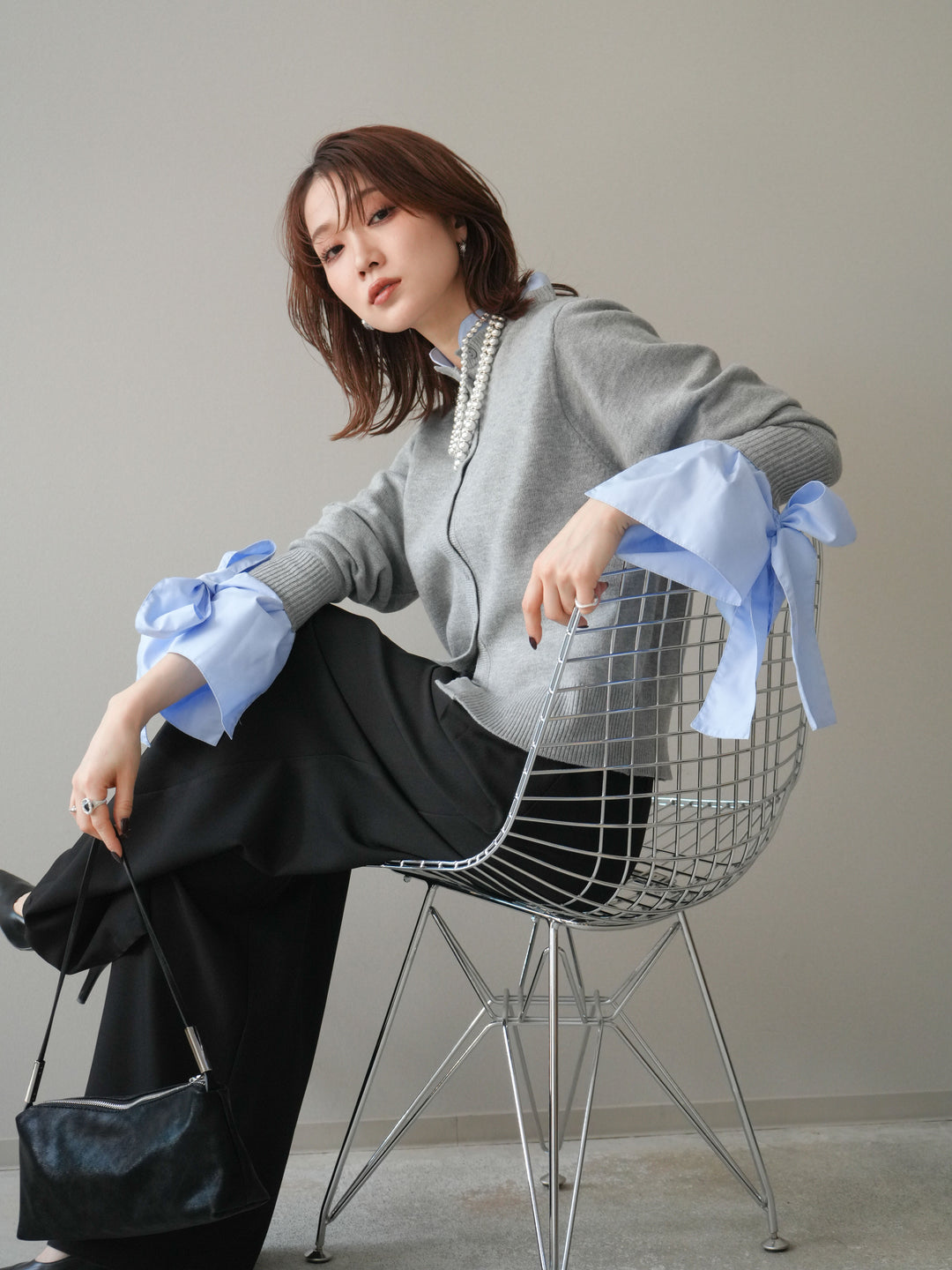 [予約]ウールライクリボンシャツカーディガン/gray