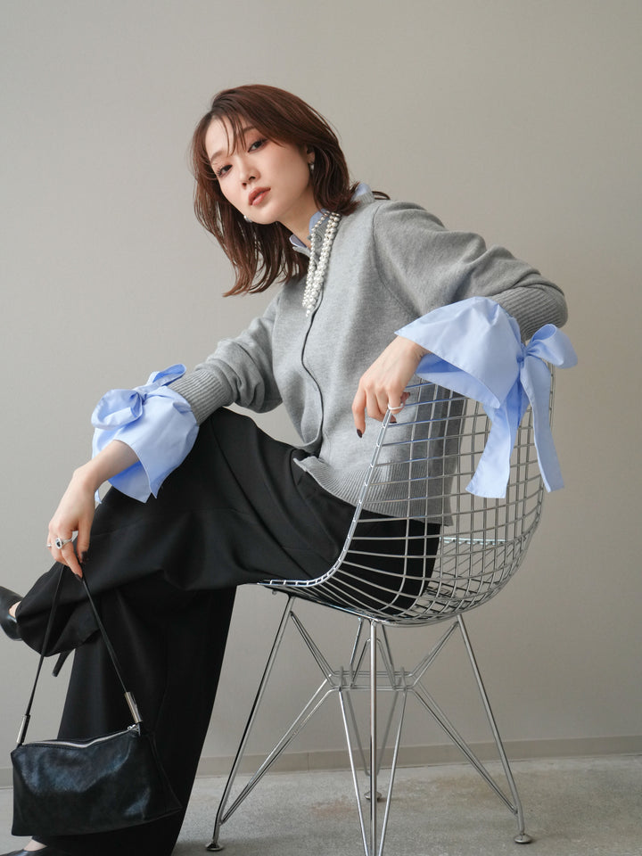 [予約]ウールライクリボンシャツカーディガン/gray