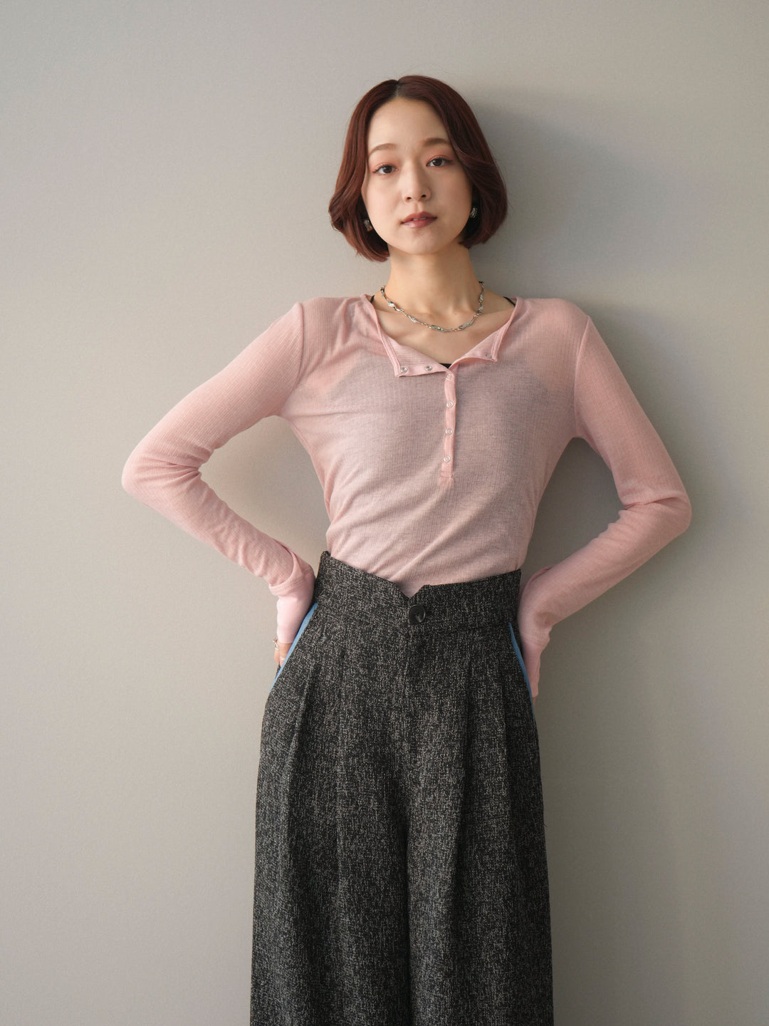 [予約]シアーリブヘンリーネックロンT/pink