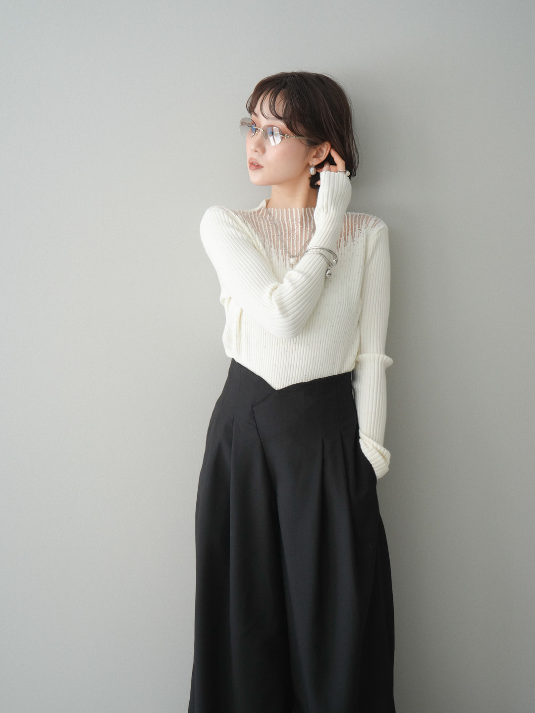 [SET]シアー切替スパンコールリブニットトップス+シアー切替スパンコールリブニットトップス(2set)