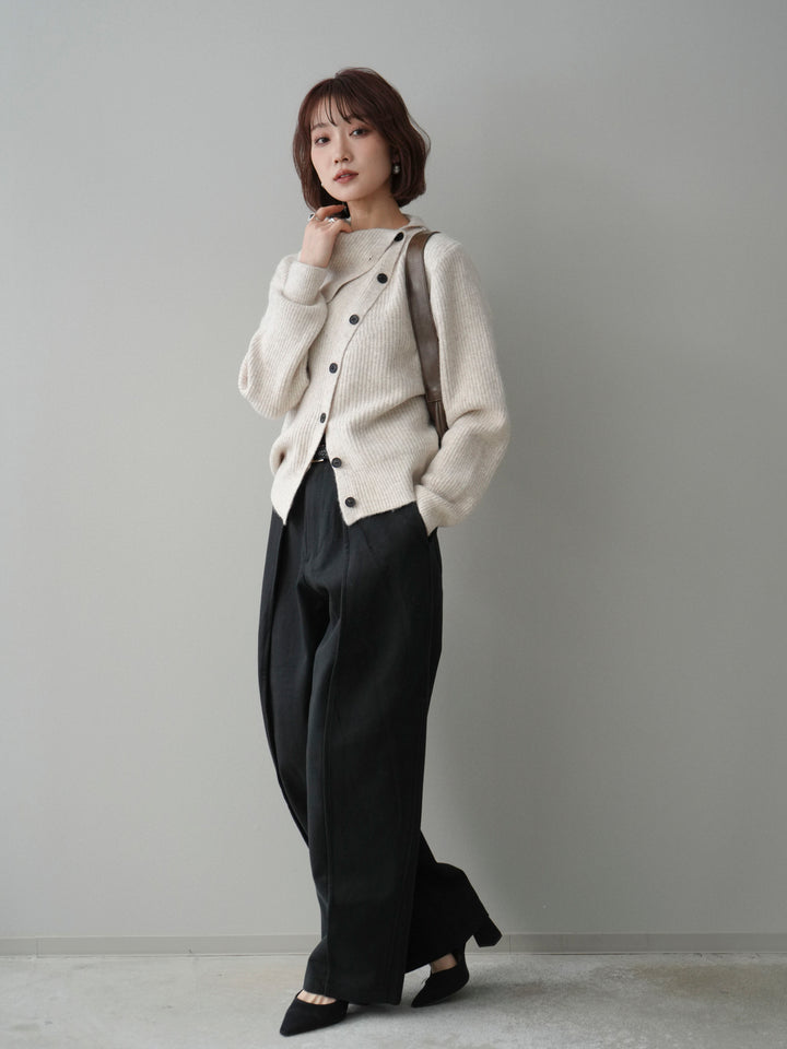 [SET]ハイネックデザインボタンニットカーディガン+コットンツイルカーブパンツ(2set)