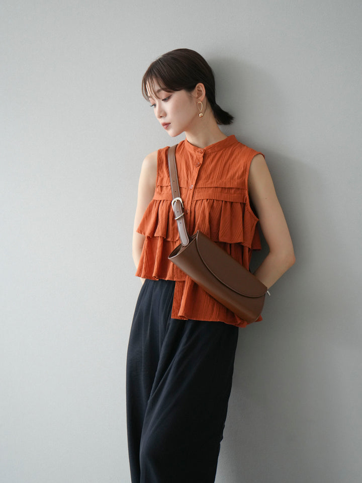 [SET]ドビーストライプアシンメトリーフリルノースリブラウス+コード刺繍チュールレイヤードパンツ+リネンライクイージーワイドパンツ(3set)