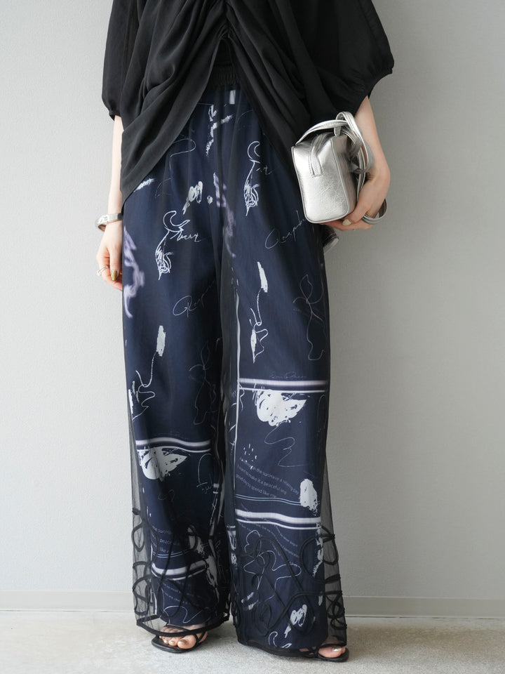 [SET]コード刺繍チュールレイヤードパンツ+ペイント柄タックパンツ(2set)
