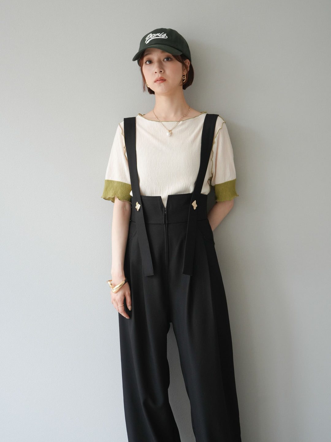 [SET]プリーツ配色ボートネックプルオーバー+ゴールドボタンサスペンダーワイドパンツ(2set)