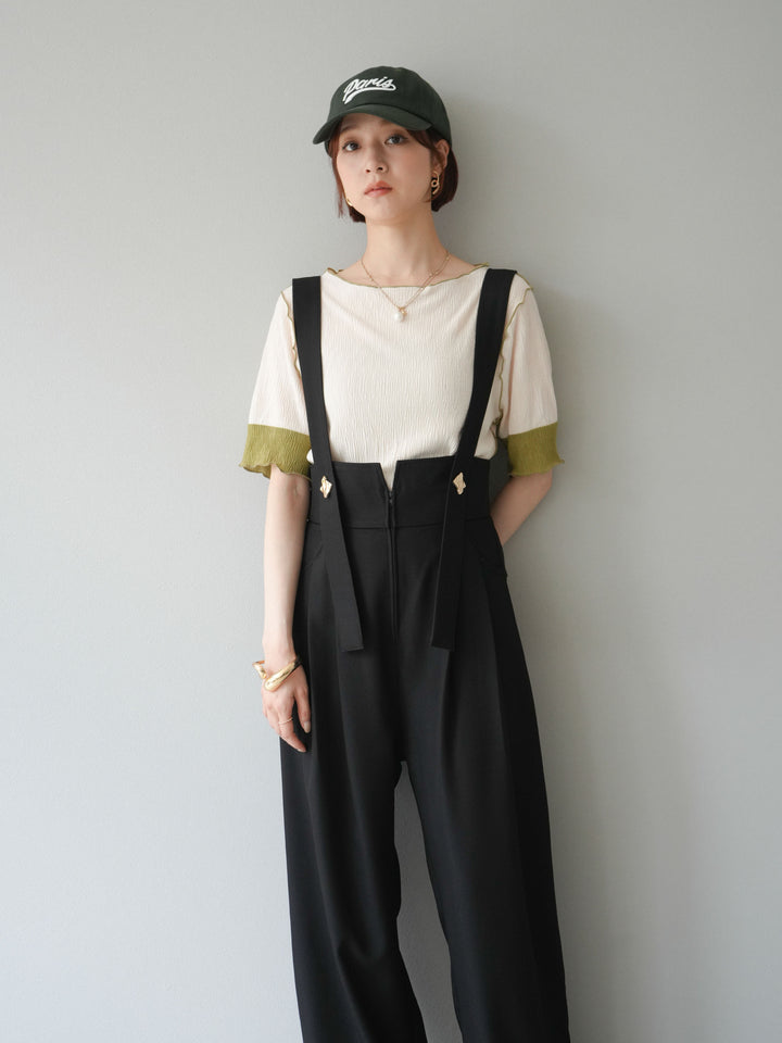 [SET]プリーツ配色ボートネックプルオーバー+ゴールドボタンサスペンダーワイドパンツ(2set)