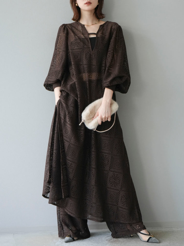 【套裝】塊蕾絲捲袖洋裝+塊蕾絲寬褲（2套）
