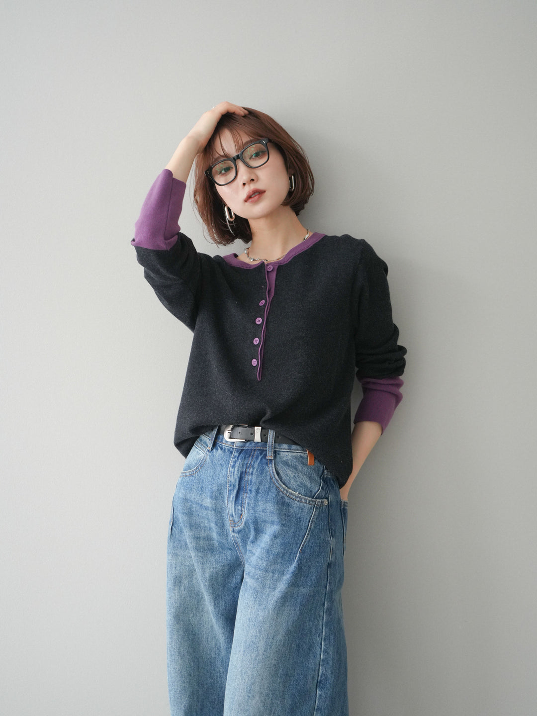 [SET]ヘンリーネック配色ニットソー+選べるアクセセット(2set)