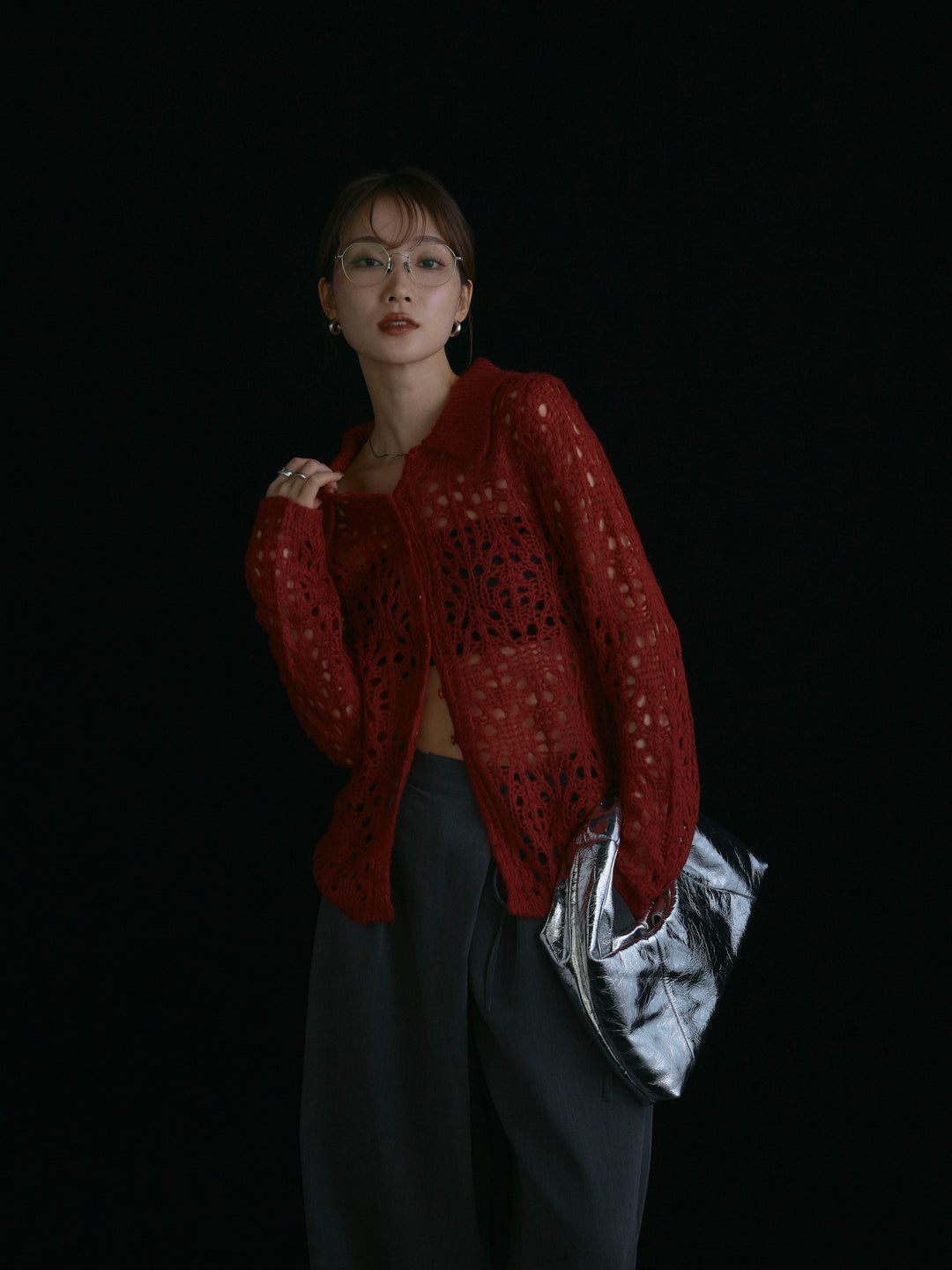 【Allure】[SET]ローゲージ透かし編みポロニッカーディガン+ラップデザインタックワイドパンツ(2set)