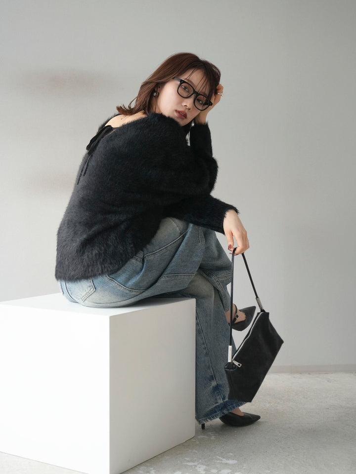 [予約]バックリボンVネックシャギーニットプルオーバー/black