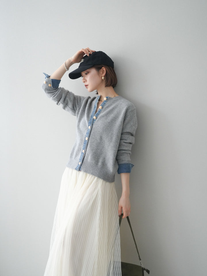 [SET]クルーネックデニムドッキングニットカーディガン+選べるアクセセット(2set)
