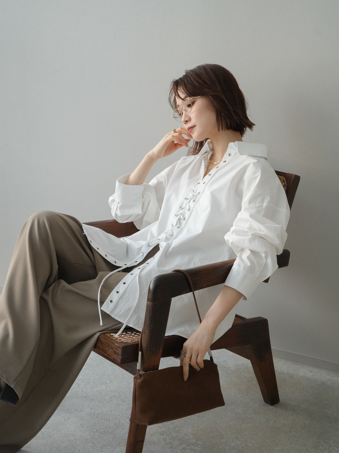 [SET]レースアップブロードシャツ+ベルト付キーホルダーモチーフワイドパンツ(2set)