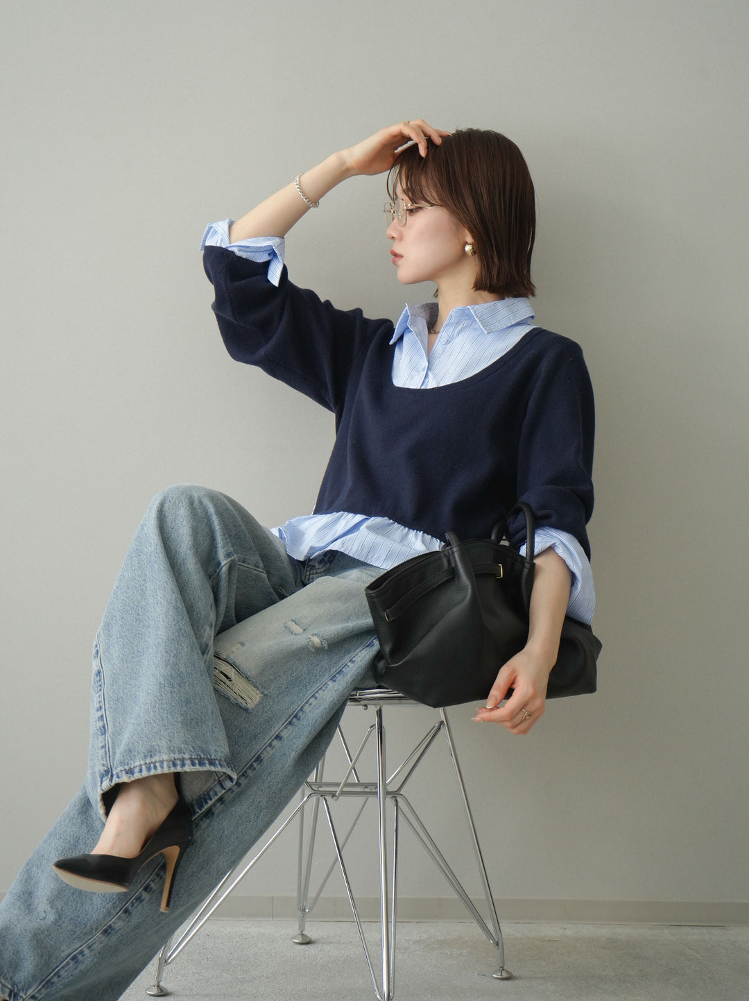 [SET]ストライプシャツUネックドッキングニットプルオーバー+ダメージデニムセミワイドパンツ(2set)