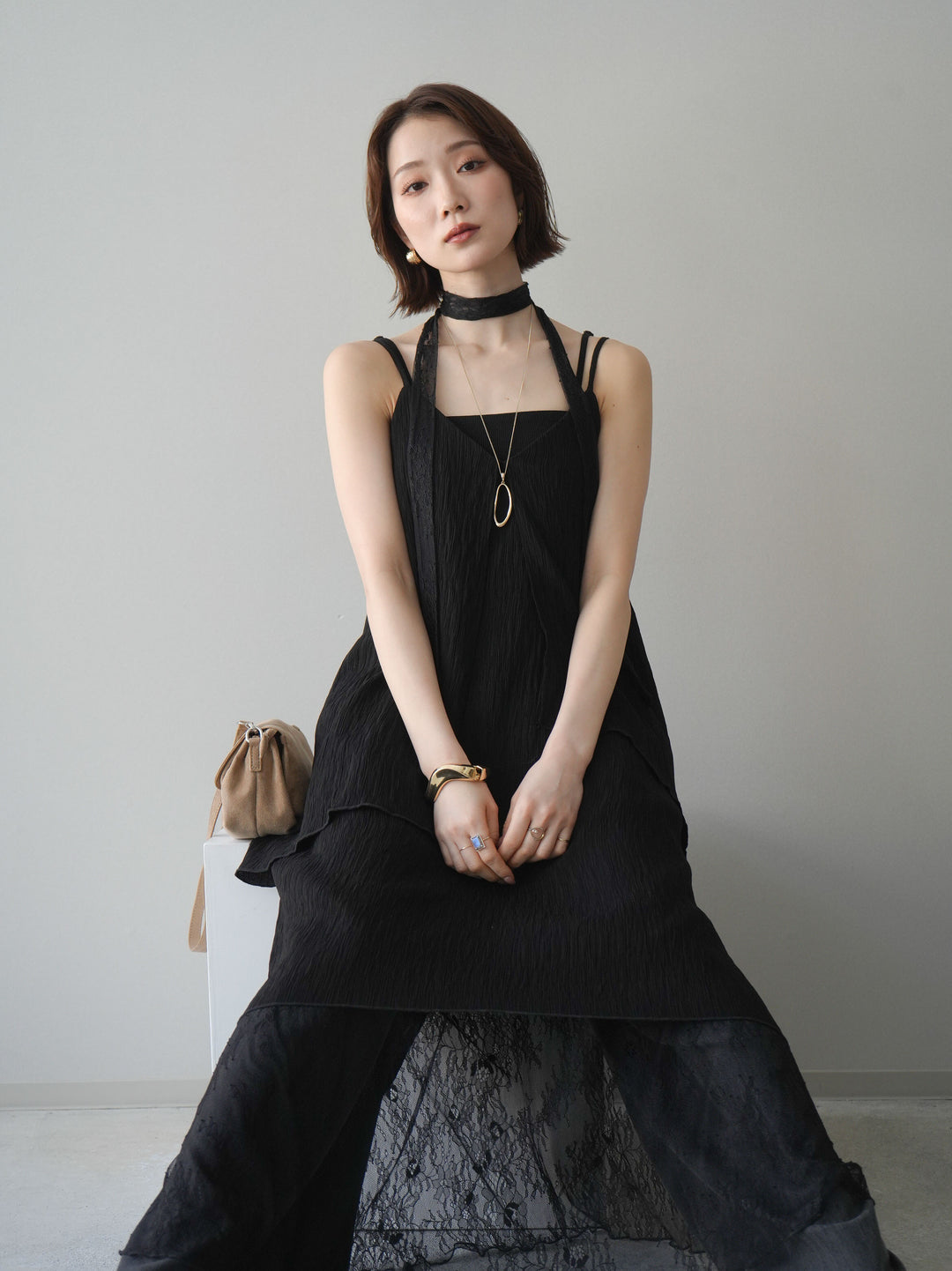 [予約]レース切替アシンメトリーワンピース/black