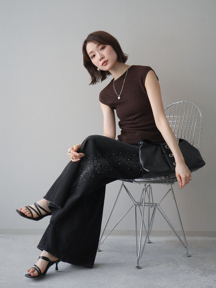 [予約]サイドシャーリングボトルネックノースリーブニットプルオーバー/brown