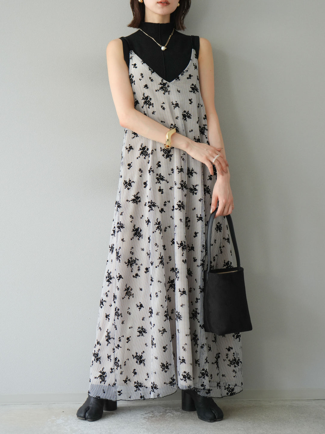 [予約]フロッキーチュールレイヤードベロアキャミワンピース/ベージュ