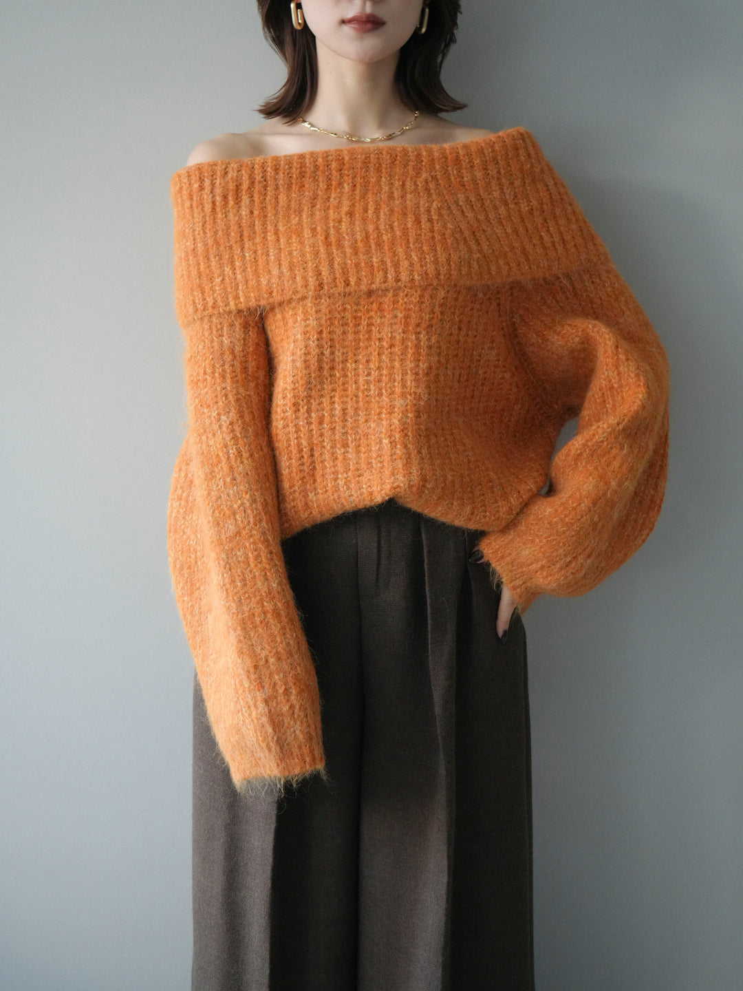 [予約]オフショルミックスニットプルオーバー/orange