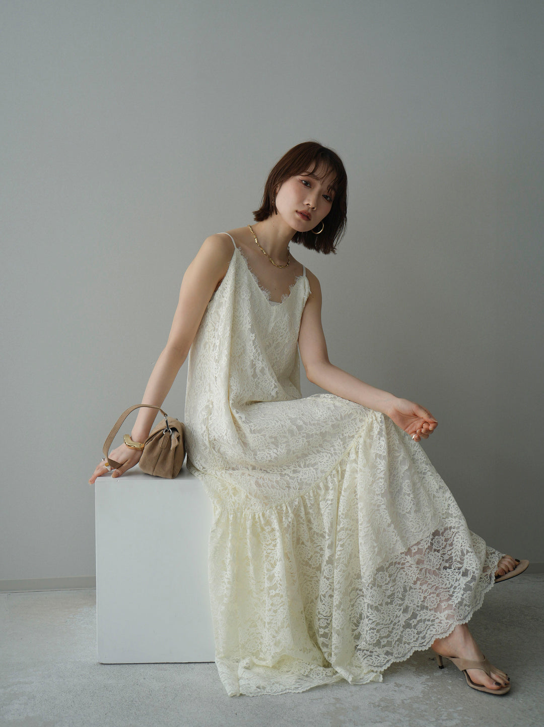 [SET]ギャザー切替レースキャミワンピース+選べるアクセセット(2set)