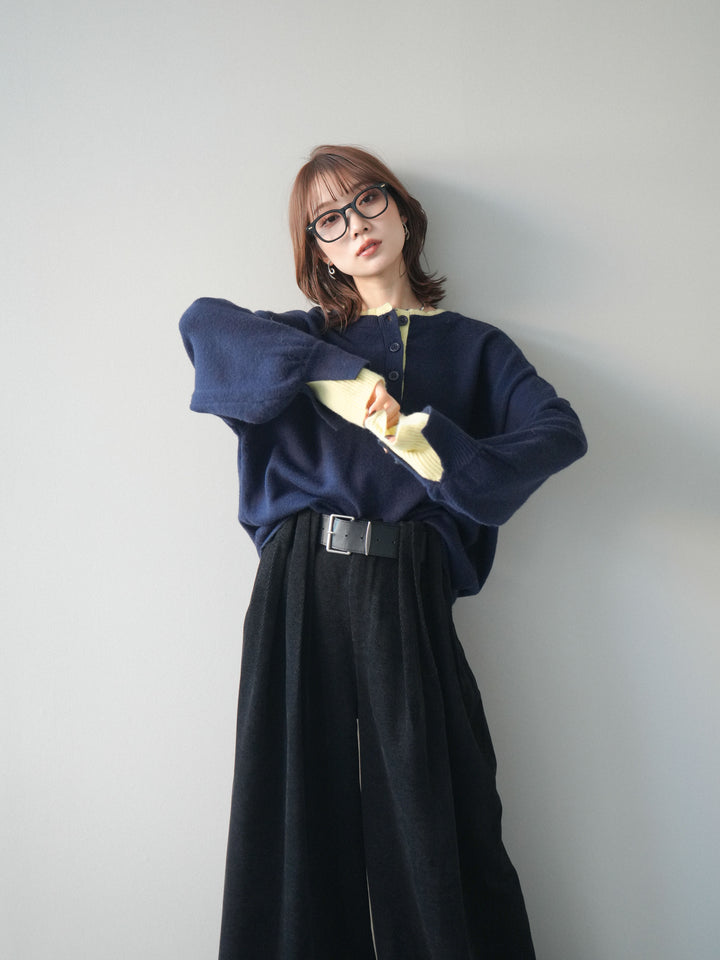 [予約]ヘンリーネック配色レイヤードニットプルオーバー/navy