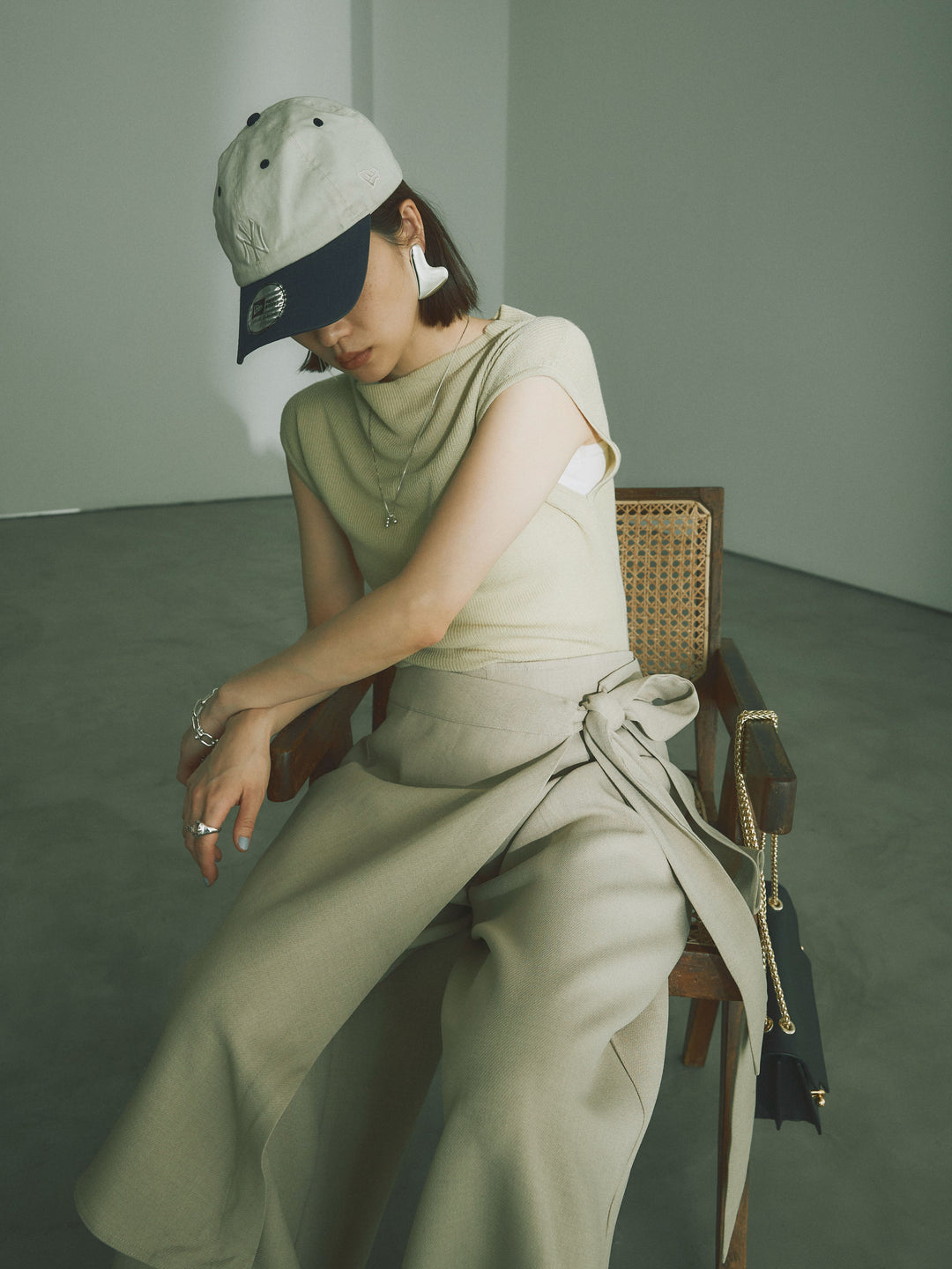 [予約]プチネックノースリーブリブニットトップス/ピスタチオ