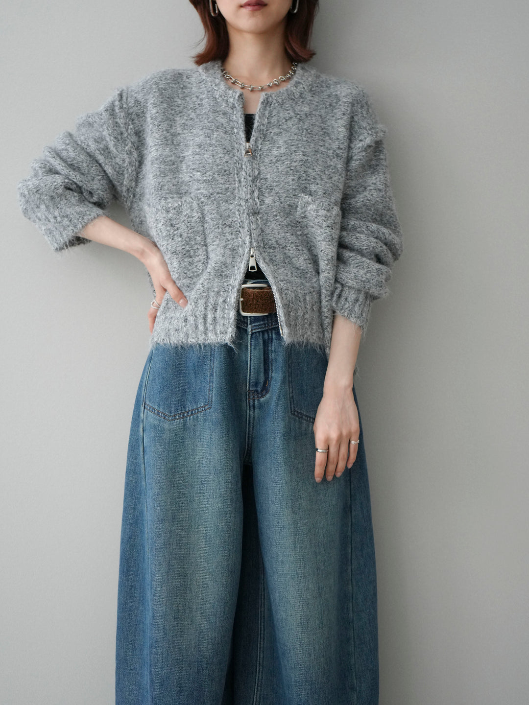 [SET]ミックスヤーンダブルZIPニットカーディガン+ベルト付裏起毛カーブデニムパンツ(2set)