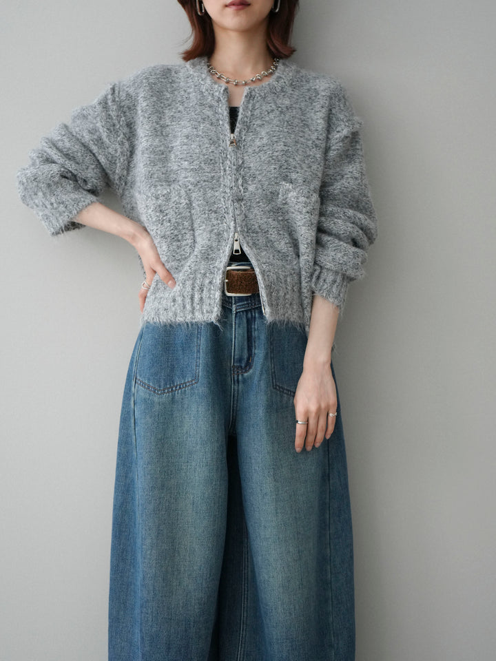 [SET]ミックスヤーンダブルZIPニットカーディガン+ベルト付裏起毛カーブデニムパンツ(2set)