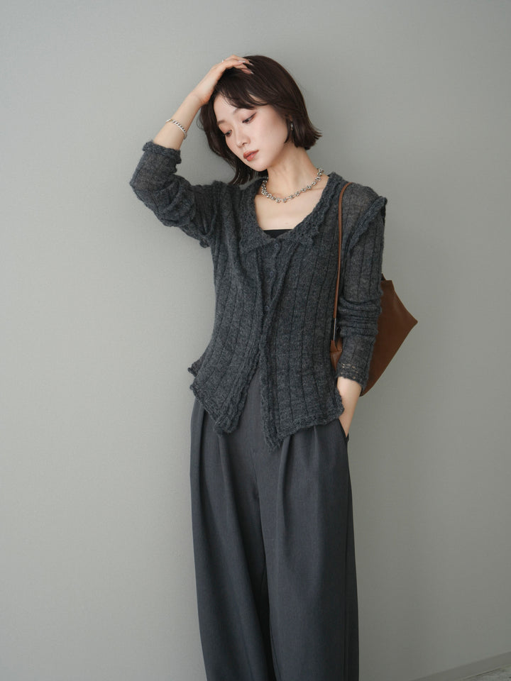 [予約]透かし襟モヘアタッチニットカーディガン/charcoal