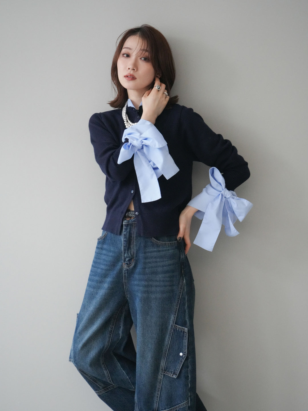 [予約]ウールライクリボンシャツカーディガン/navy