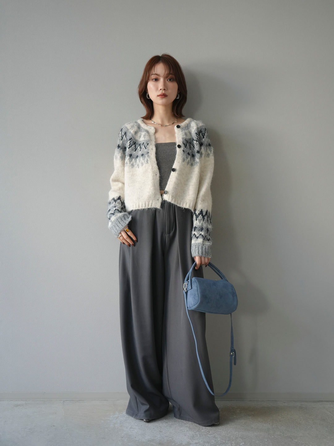 【着回しセット】[SET]求心柄クロップドニットカーディガン+ミックスヤーンペイズリー柄ニットカーディガン+ベルトループデザインワイドパンツ(3set)