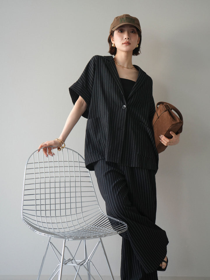 [SET]ストライプハーフスリーブオーバージャケット+ストライプリラックスワイドパンツ(2set)