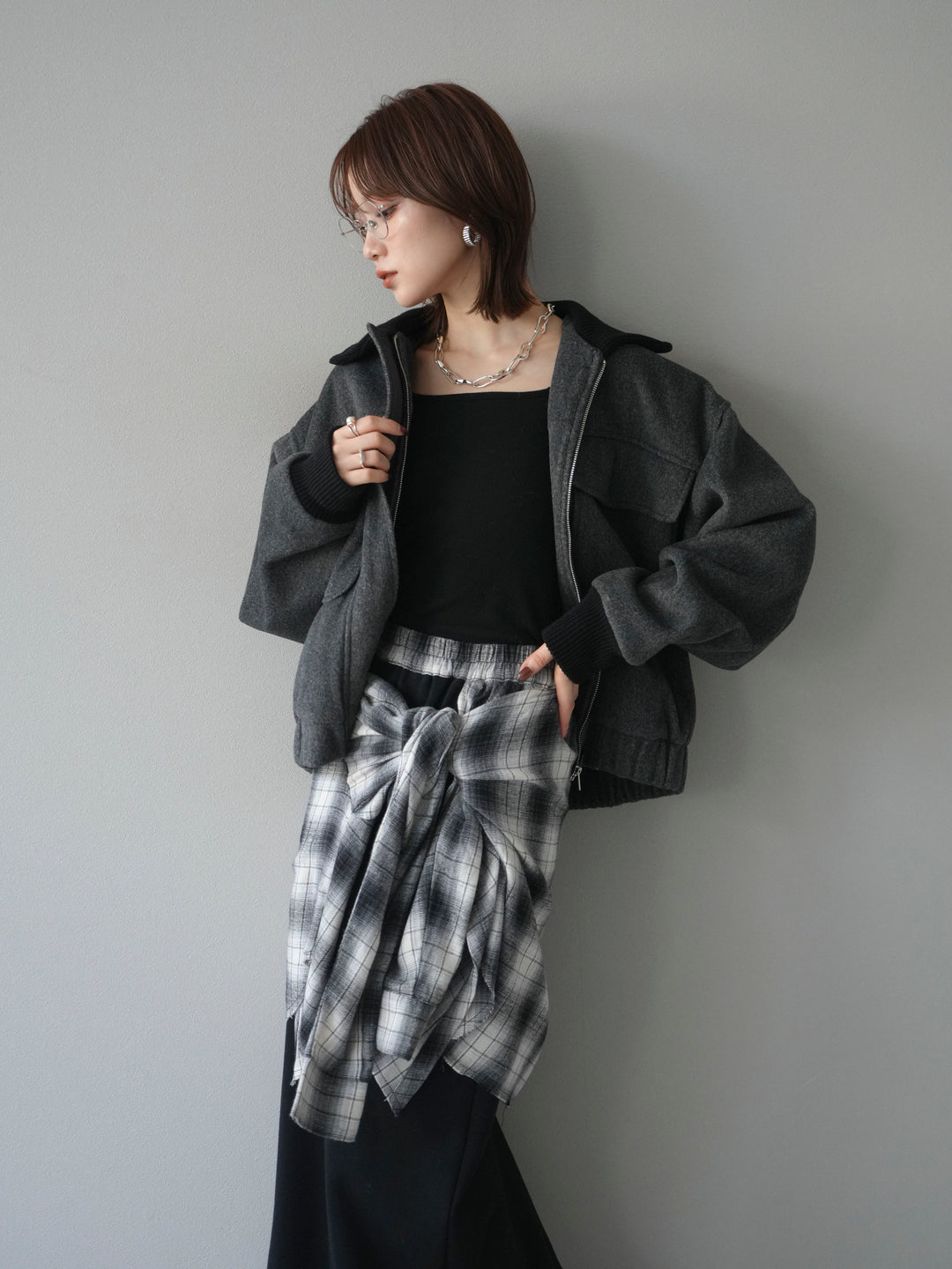 [予約]ウールタッチ襟リブステンカラーショートコート/charcoal