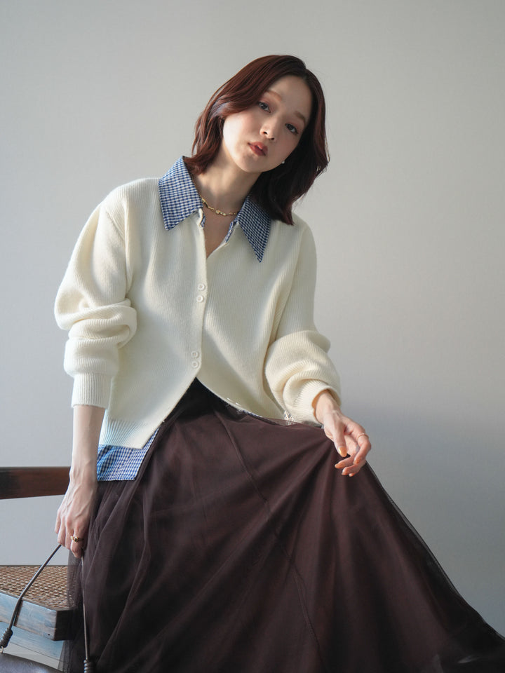 [SET]チェックシャツ襟ニットカーディガン+チュールボリュームスカート(2set)
