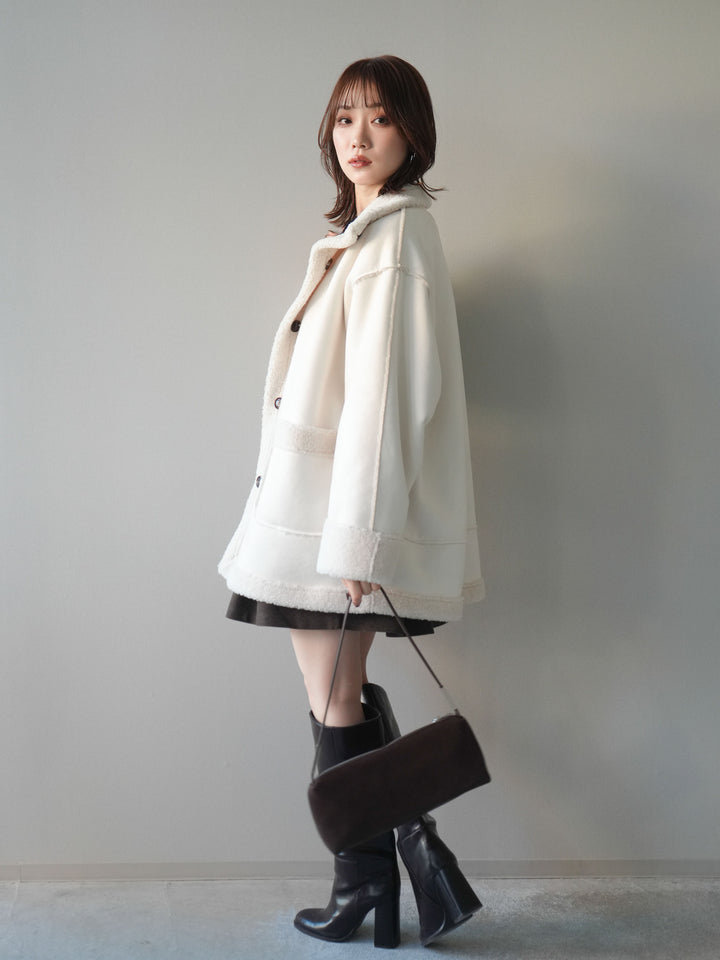 [SET]スタンドネックフェイクムートンミディアムコート+アンティークボタンニットカーディガン+ベルト付きタックミニスカート(3set)