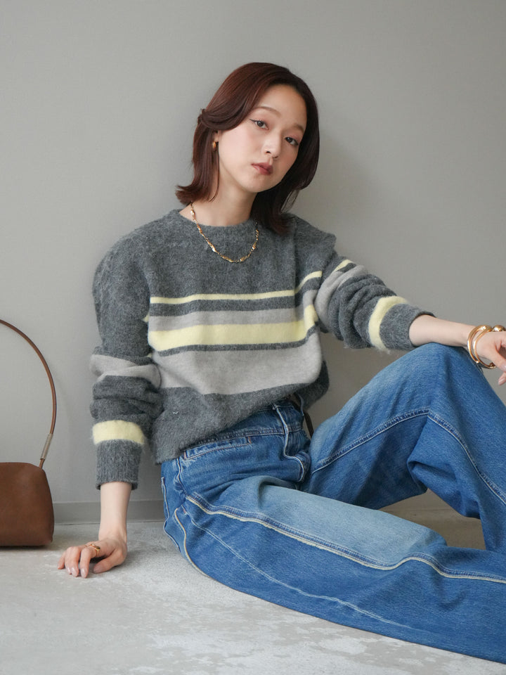 [SET]ソフトタッチボーダークロップドニットプルオーバー+サイドフリンジワイドデニムパンツ(2set)