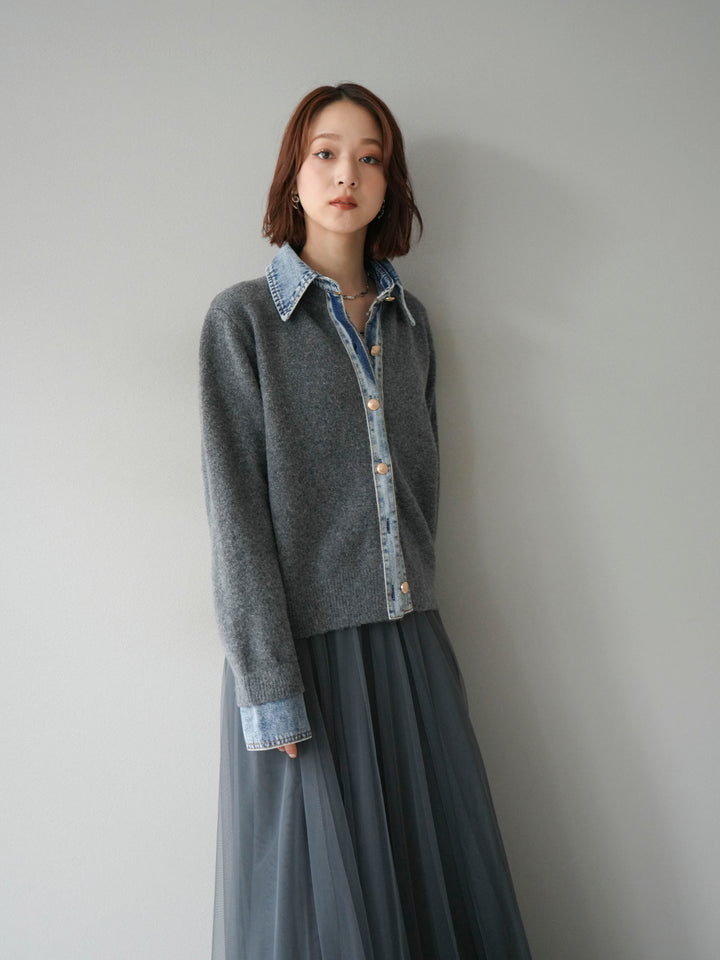 [予約]デニム襟ボタンニットカーディガン/チャコール