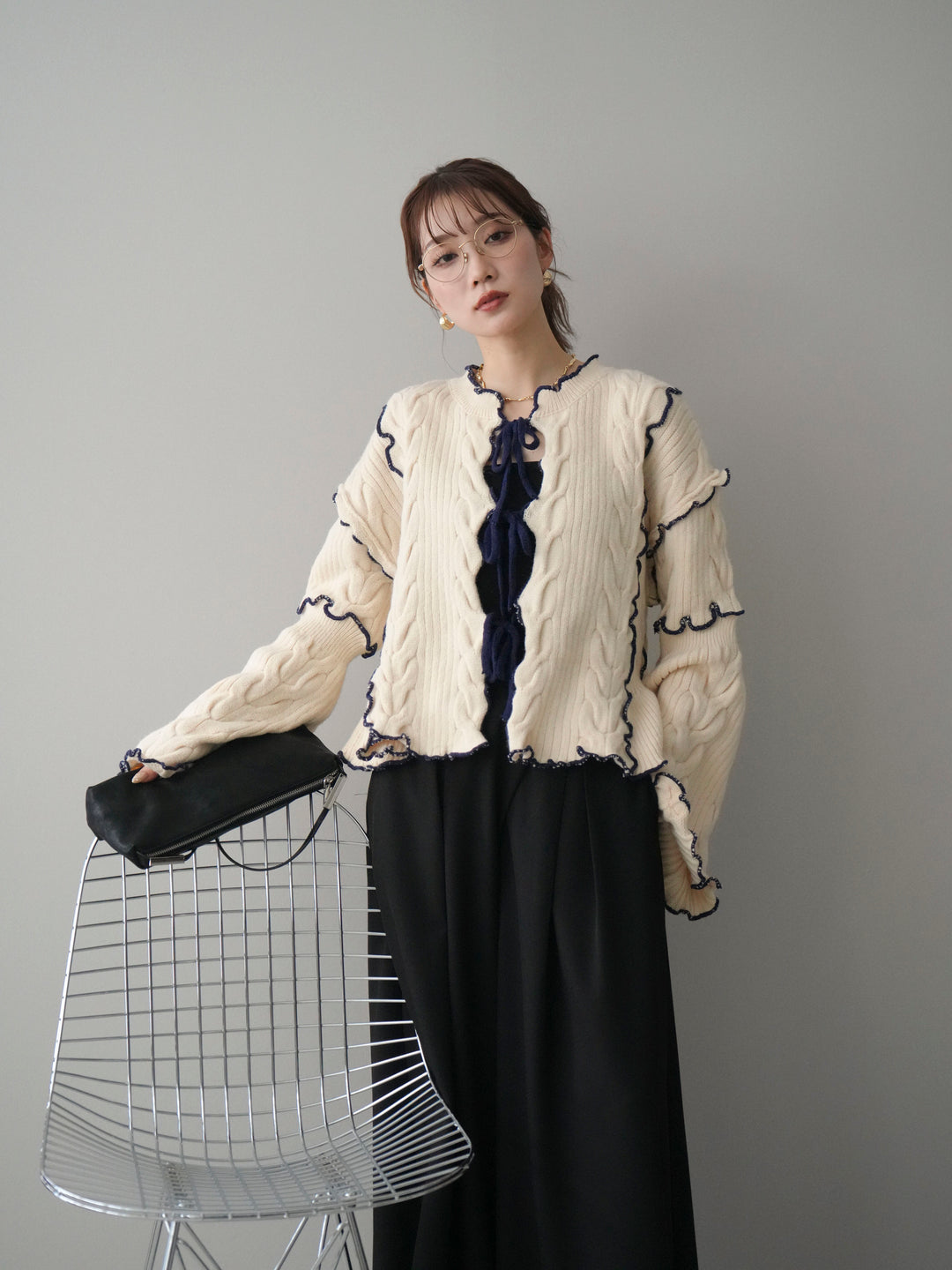 [予約]フロントリボン配色メローニットカーディガン/ivory