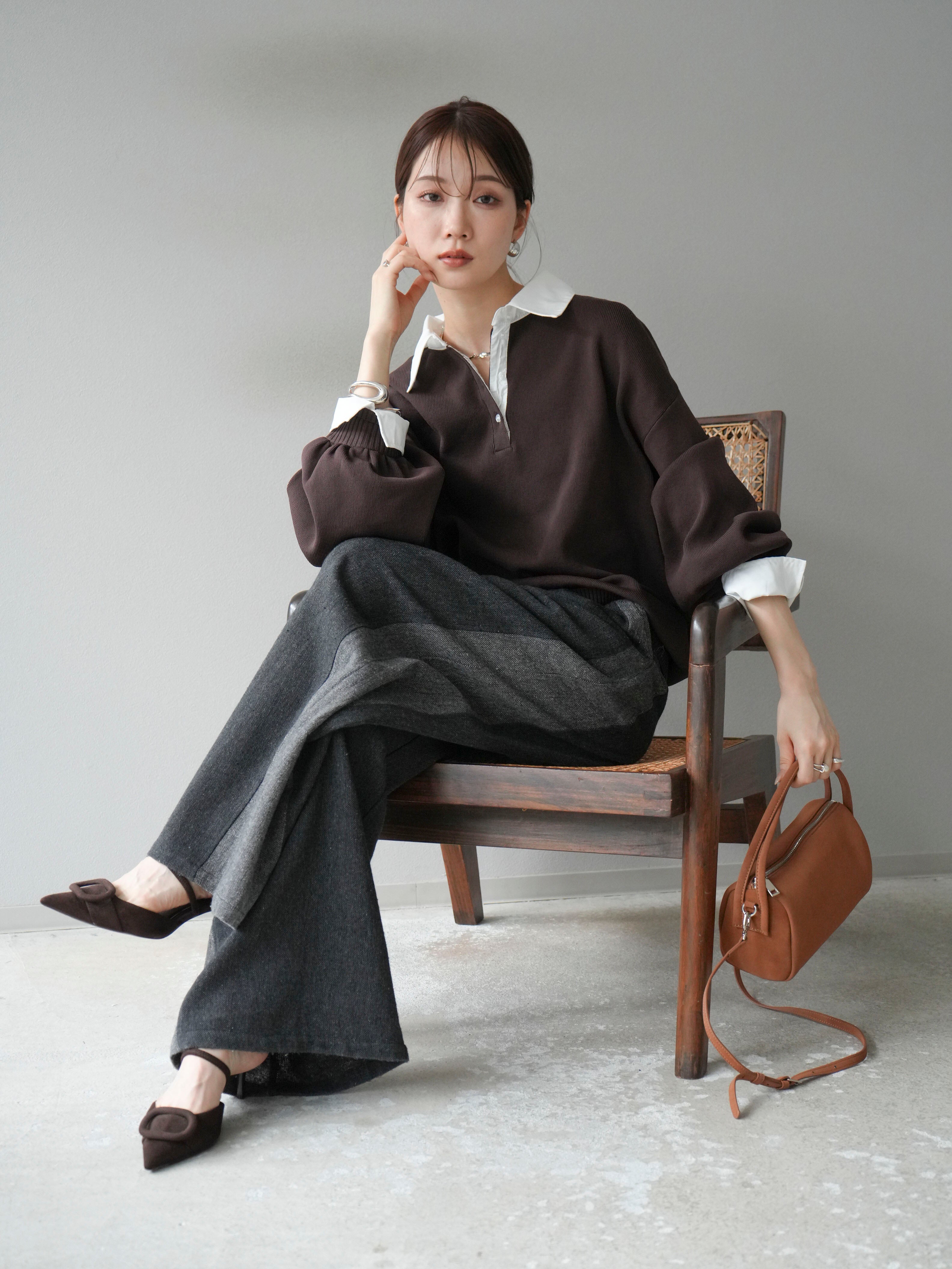 SET]襟付きポロニットプルオーバー+ツイードサイド配色ワイドパンツ