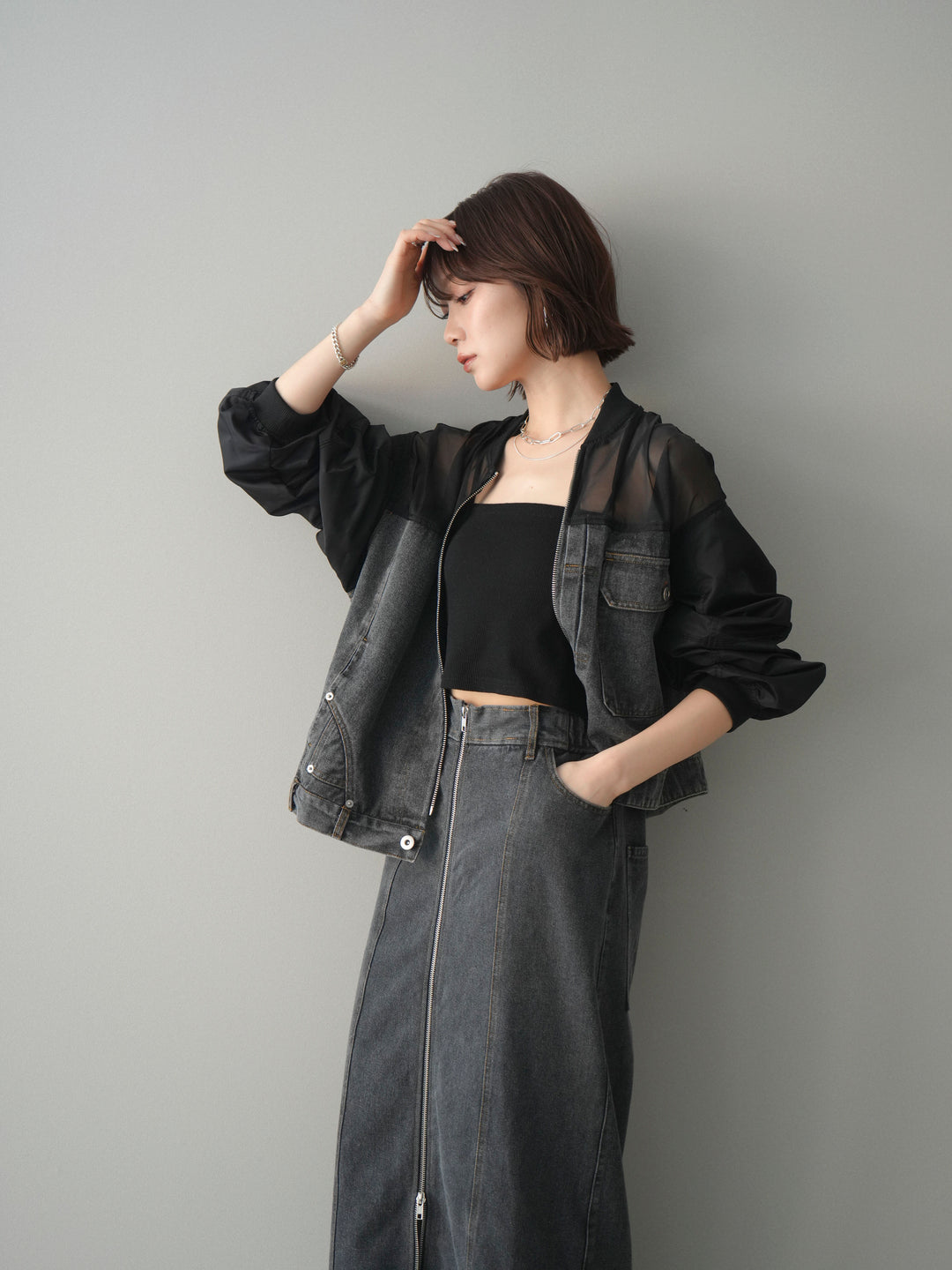 [SET]異素材デニムブルゾン+フロントジップデニムスカート(2set)